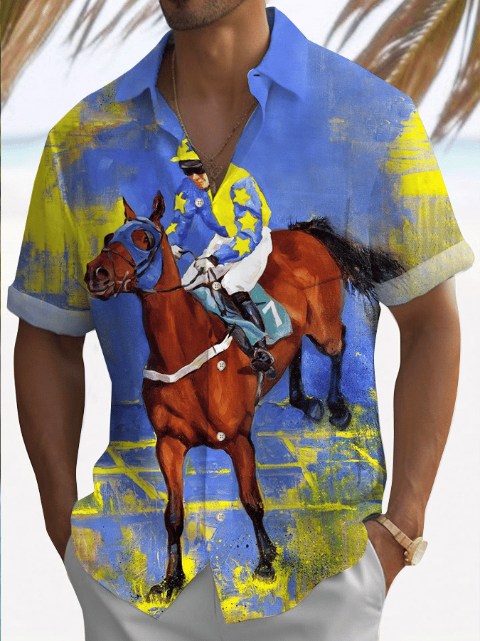 Men's Horse Racing Print Shirt (With Pockets)
