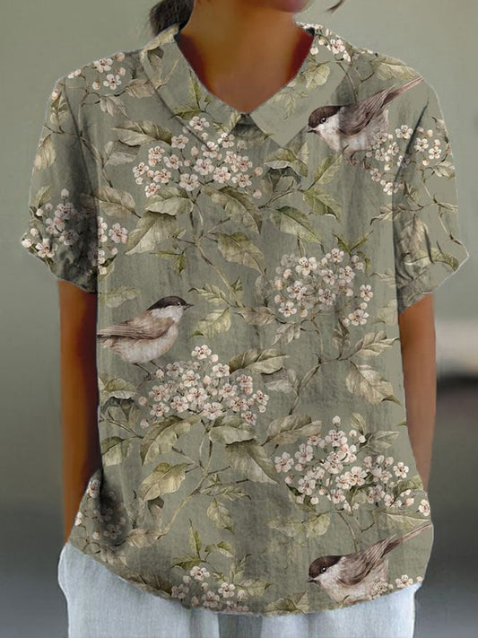 Women's Vintage Art Floral Print Cotton and Linen Casual Shirt