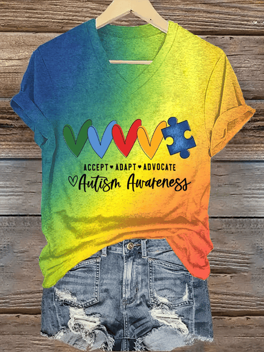 Women's  Autism Awareness“Autism Accept Adapt Advocate” Print Contrast T-shirt