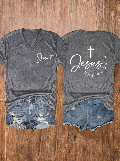 Women's Jesus Has My Back Printed V-Neck Tee
