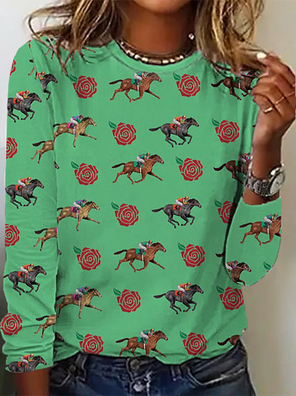 Women's Derby Horses Print Crew Neck T-Shirt