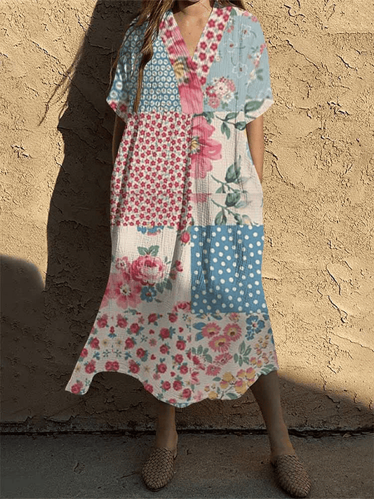 Women's Retro Botanical Floral Splicing Art Print Design Dress