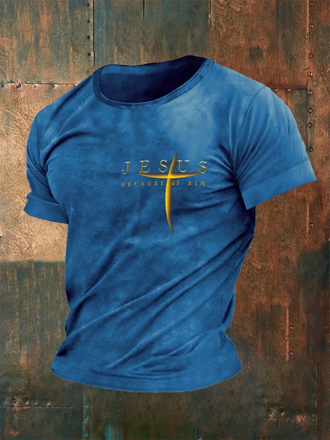 Men's Vintage Faith “Jesus Because Of Him”” Print Casual T-Shirt