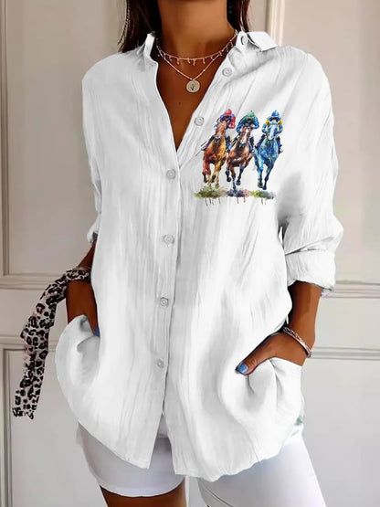 Women's Casual Art Horse Racing Cotton And Linen Shirt