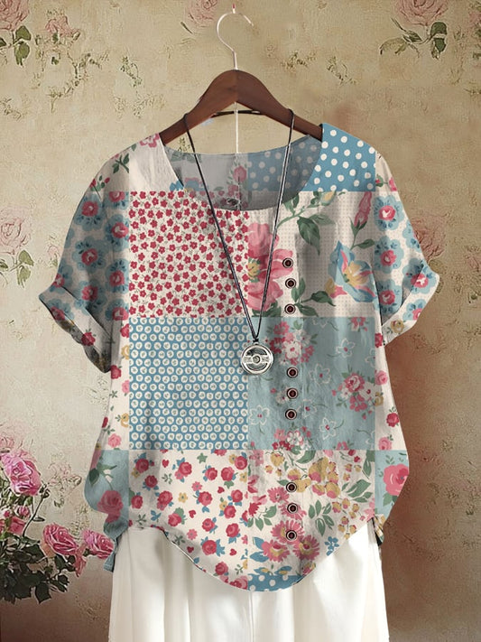 Women's Vintage Floral Print Button-Down Casual Shirt