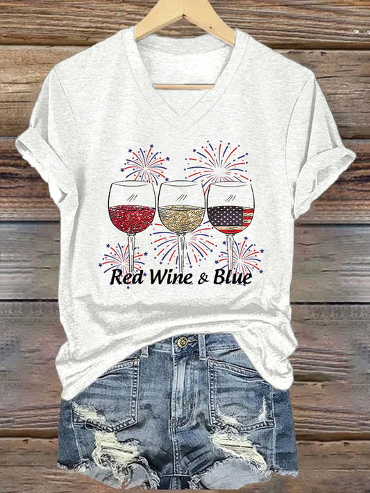 Women's Red Wine and Blue Printed T-Shirt