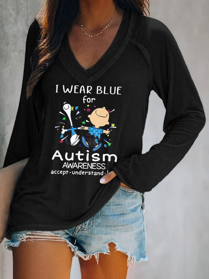 V-neck Retro Autism Awareness I Wear Blue For Autism Print T-Shirt