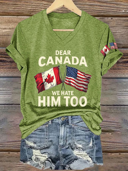 V-Neck Retro Dear Canada We Hate Him Too Print T-Shirt