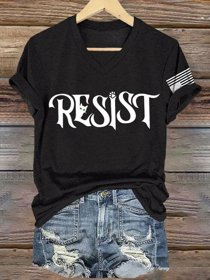 V-Neck Retro Resist Cat Paw Print T-Shirt