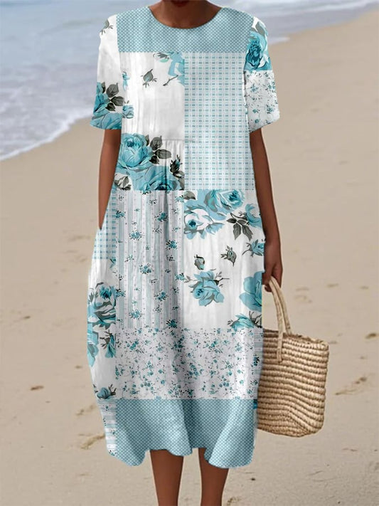 Women's Vintage Botanical Floral Patchwork Art Print With Pockets Round Neck Short Sleeve Dress