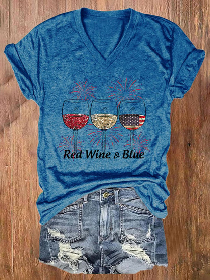 🔥Last Day 49% Off🔥Women's Red Wine and Blue Print T-shirt