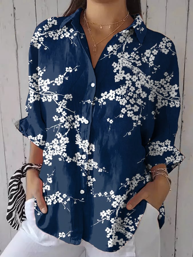 Women's Casual Vintage Blue Floral Art Print Shirt
