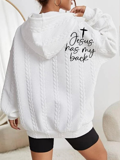 Women's Faith Jesus Has My Back Printed Casual Cable Hoodie
