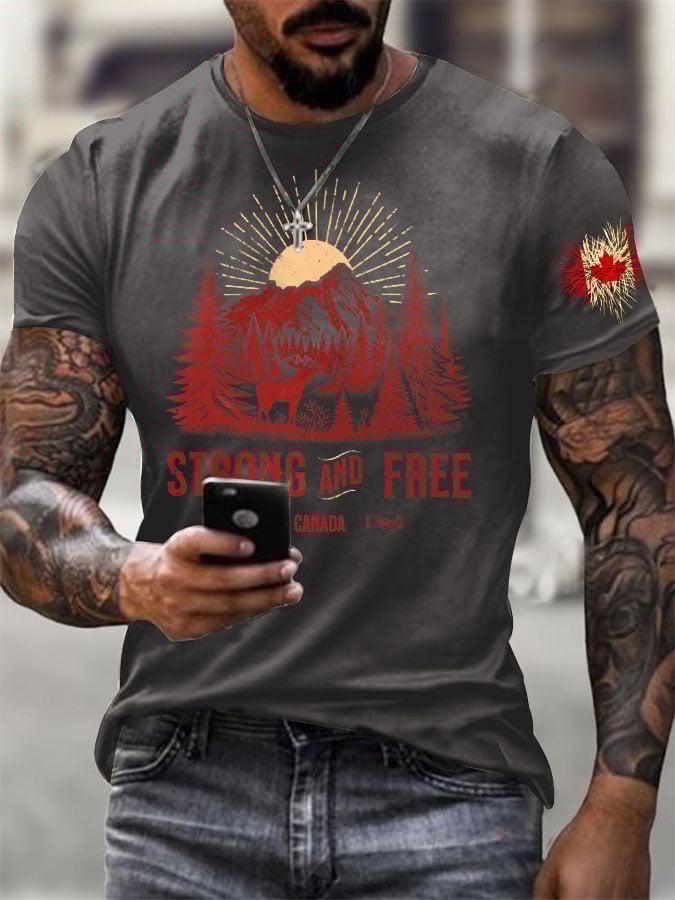 Men's Retro Strong And Free Canada Print T Shirt