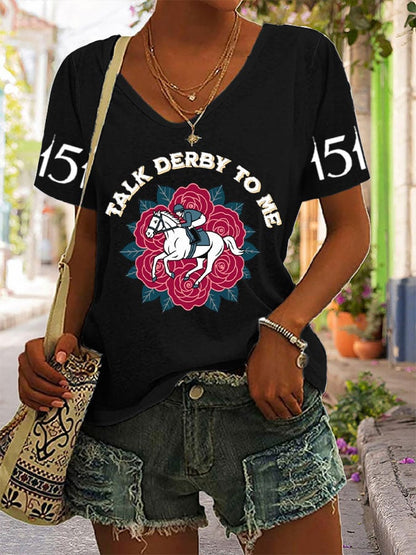 Women's Horse Racing Print V-Neck T-Shirt