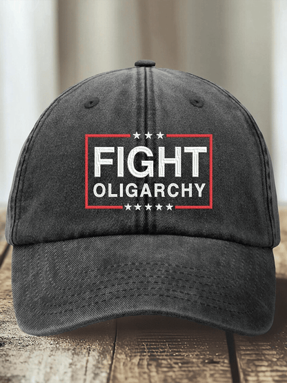 Unisex Distressed Washed Cotton Fight Oligarchy Print Hat