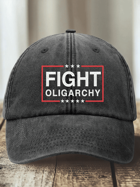 Unisex Distressed Washed Cotton Fight Oligarchy Print Hat