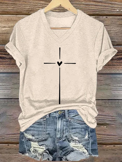 Women's Christian Faith Cross Printed V-Neck Short Sleeve T-Shirt