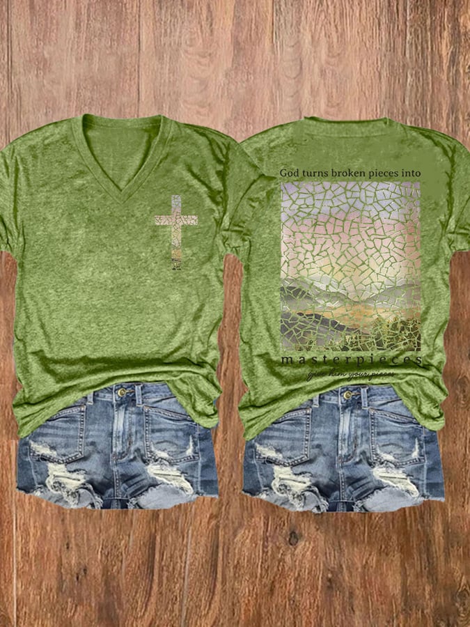 Women'S God Turns Broken Pieces Into Masterpieces Printed Casual T-Shirt