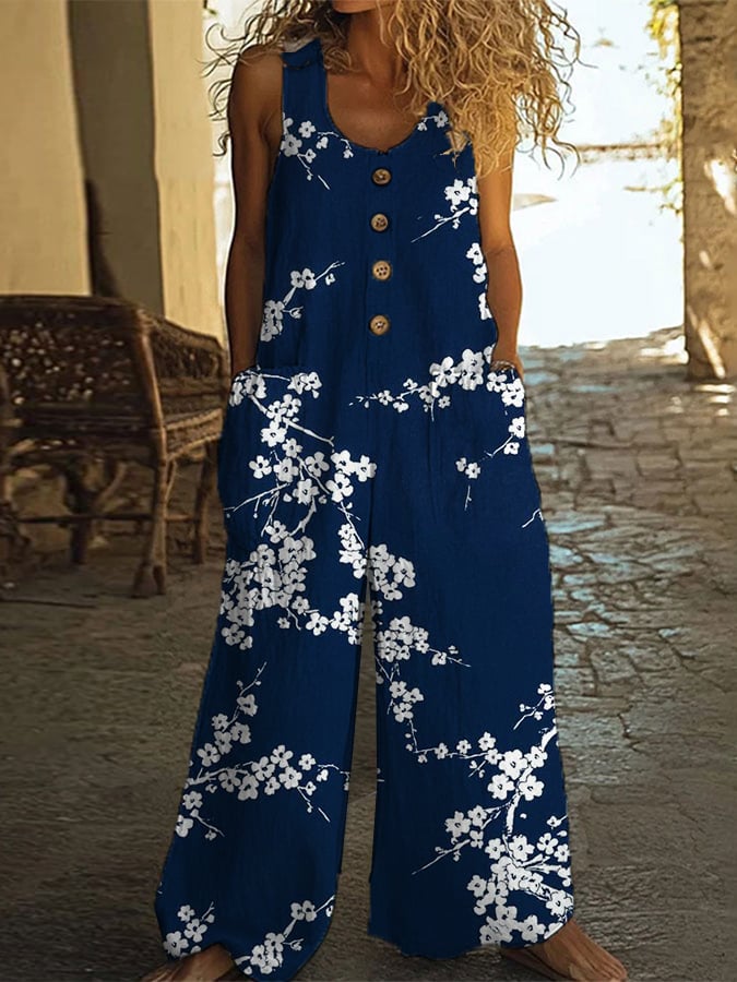 Fashionable And Casual Cotton And Linen Floral Art Jumpsuit