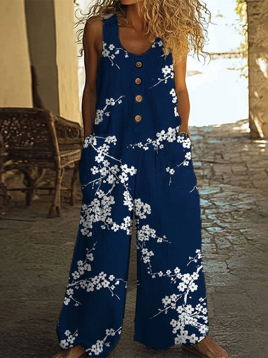 Fashionable And Casual Cotton And Linen Floral Art Jumpsuit
