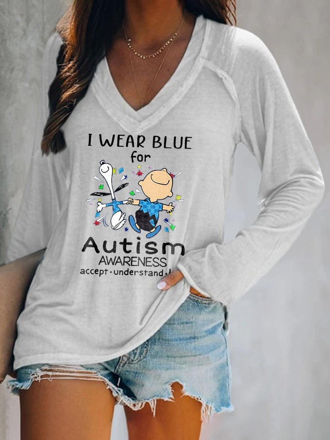 V-neck Retro Autism Awareness I Wear Blue For Autism Print T-Shirt