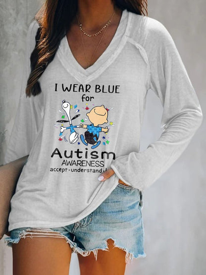 V-neck Retro Autism Awareness I Wear Blue For Autism Print T-Shirt