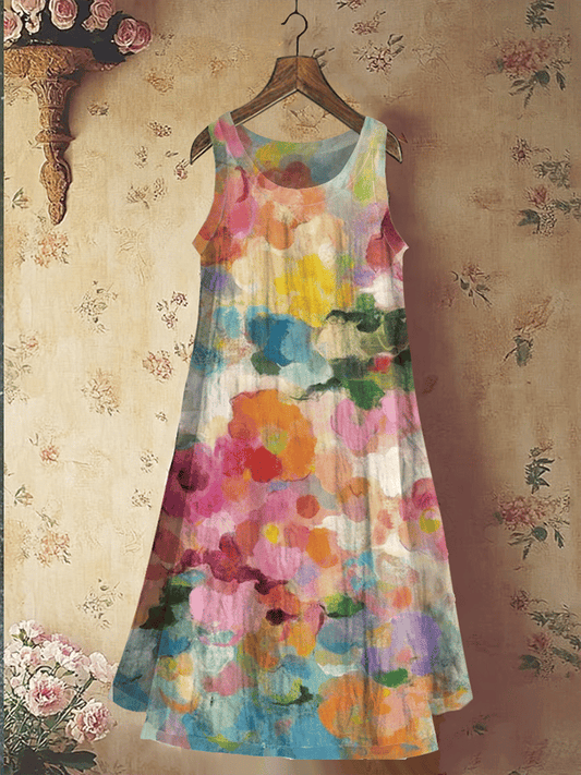 Women's Vintage Botanical Floral Print Linen Blend Tank Dress
