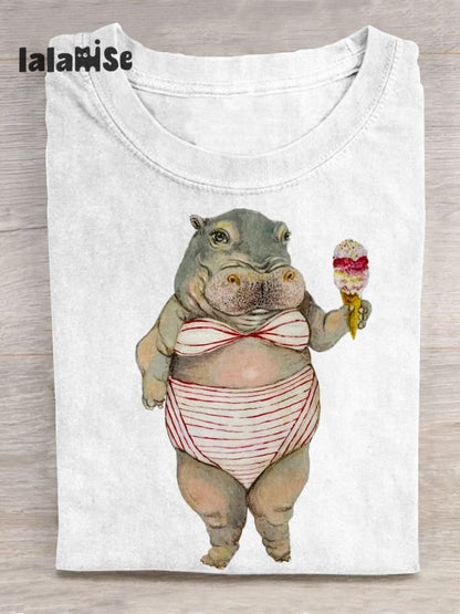 Funny Hippo Art Pattern Print Casual T-shirt