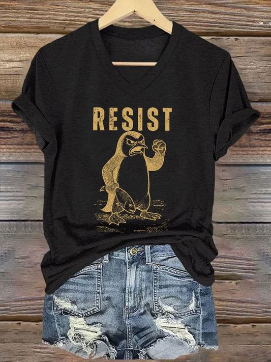 Women's Retro Penguins Resist Print T-Shirt
