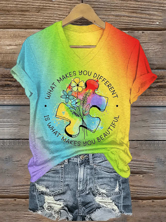 Women's  Autism Awareness “What Makes You Different Makes You Beautiful” Rainbow Gradient T Shirt