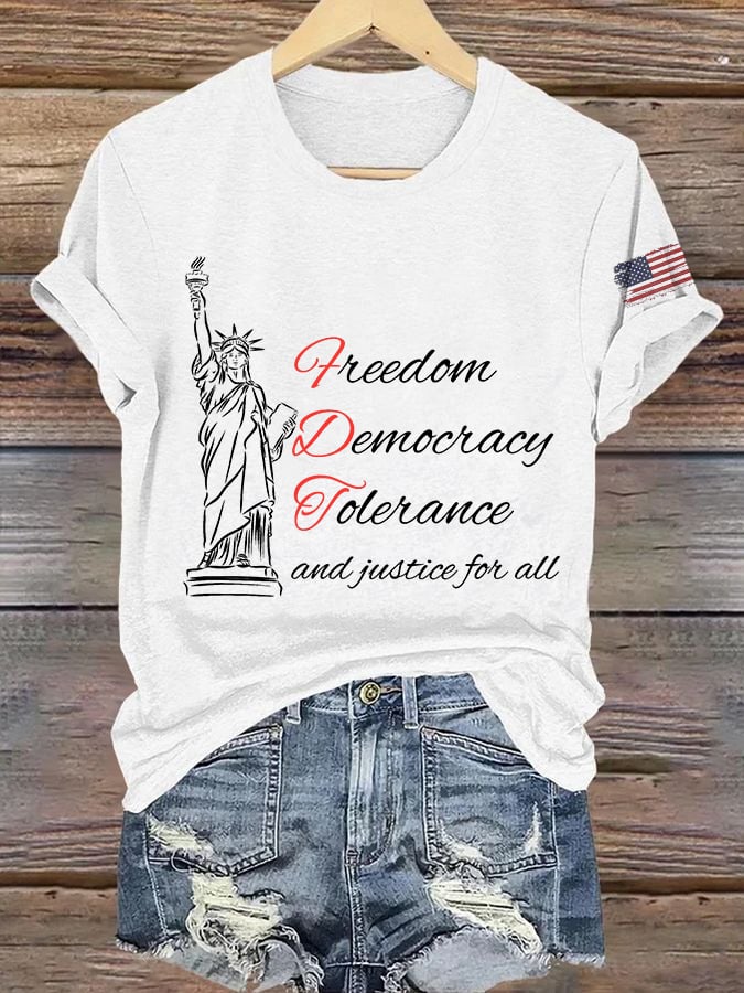 Women's Freedom Democracy Tolerance And Justice For All Printed Round Neck T-shirt