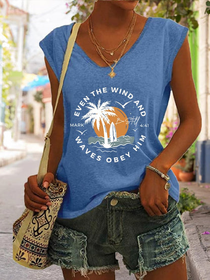 Women's Casual Christian Bible Verse Palm Tree Print Tank Top