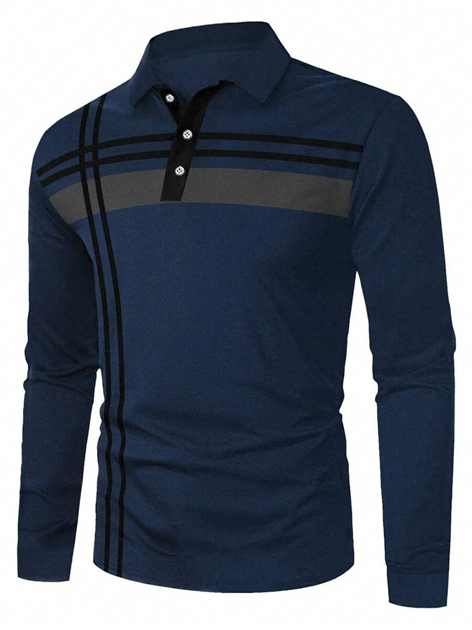 Men's Striped Business Casual Long Sleeve Polo Shirt