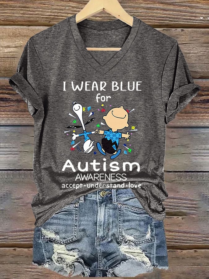 V-neck Retro Autism Awareness I Wear Blue For Autism Accept, Understand, Love Print T-Shirt
