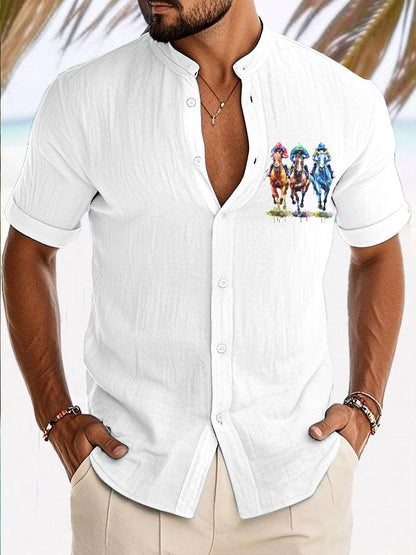 Men's Horse Racinng Print Resort Casual Stand Collar Shirt