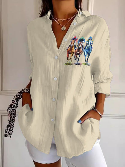 Women's Casual Art Horse Racing Cotton And Linen Shirt