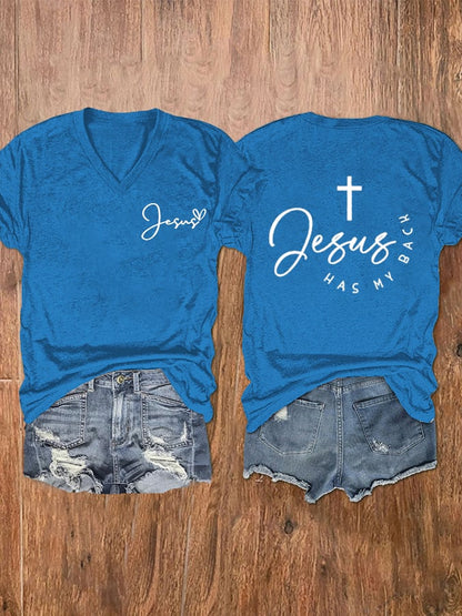 Women's Jesus Has My Back Printed V-Neck Tee