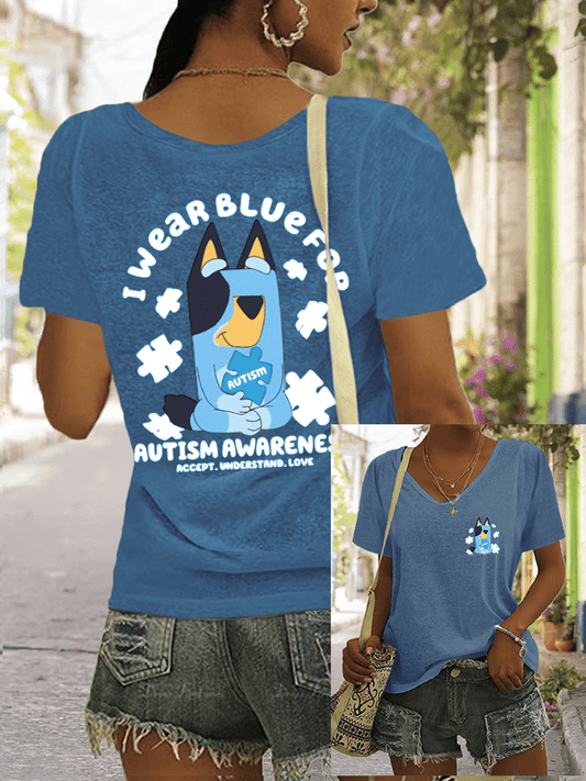 Women's Retro Autism Awareness I Wear Blue For Autism  Print V-Neck T-Shirt