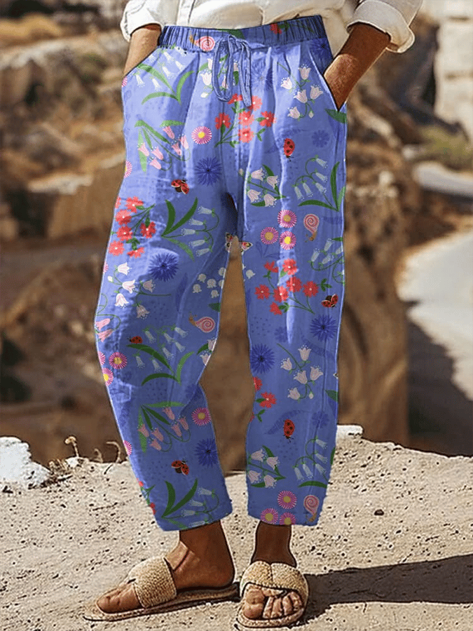 Women's Vintage Botanical Floral Art Print Casual Pants