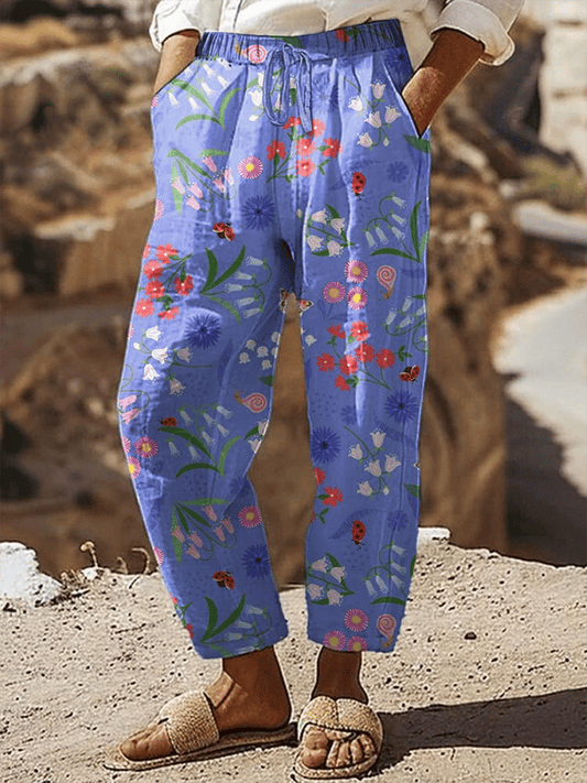 Women's Vintage Botanical Floral Art Print Casual Pants