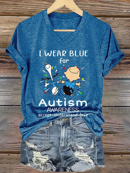 V-neck Retro Autism Awareness I Wear Blue For Autism Accept, Understand, Love Print T-Shirt