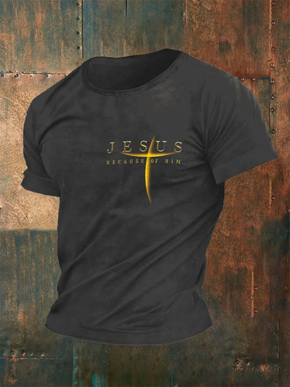 Men's Vintage Faith “Jesus Because Of Him”” Print Casual T-Shirt
