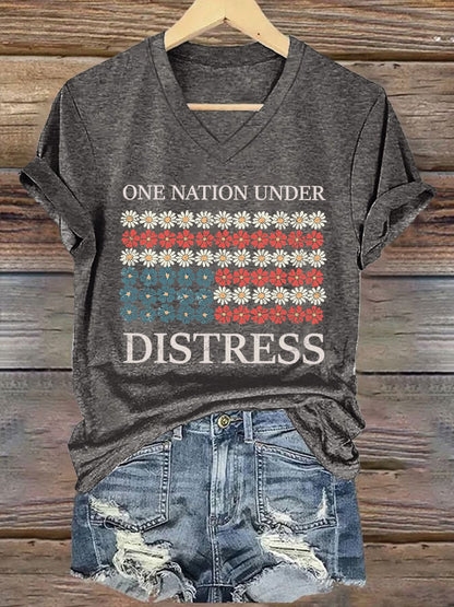 🔥Last Day 49% Off🔥V-neck Retro One Nation Under Distress Print T-Shirt