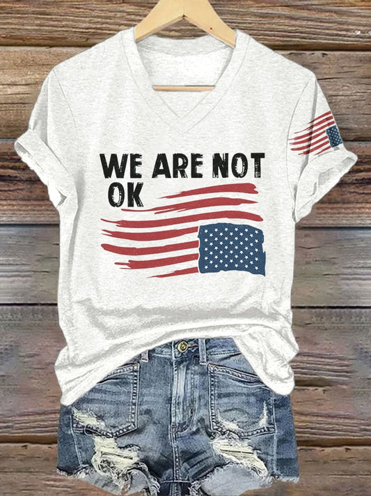 V-neck Retro We Are Not Ok Print T-Shirt