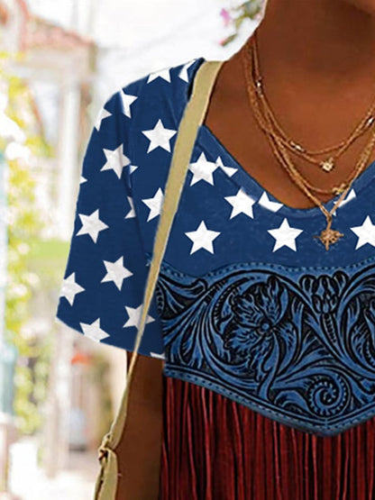 🔥Last Day 49% Off🔥Women's American Flag Pattern Floral Tassel Art Print T-Shirt