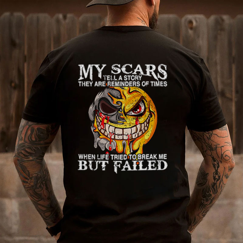 MY SCARS TELL A STORY Melting Skull Emoji Black Print T-shirt