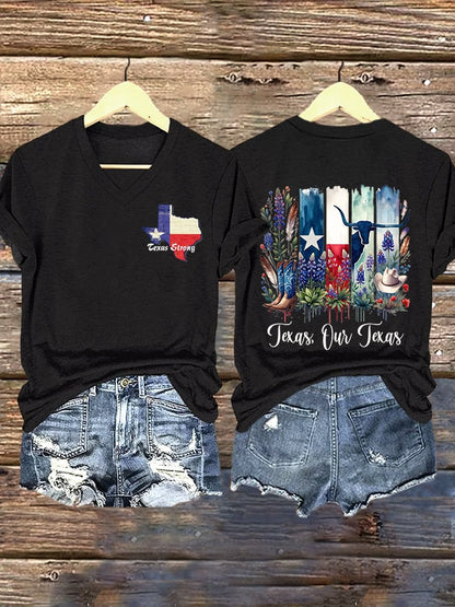 V-Neck Retro Texas Strong Texas Our Texas Print T-Shirt