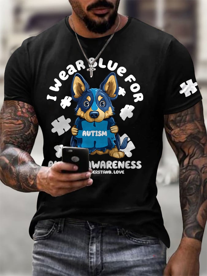 Men's Retro I Wear Blue For The Month Of April For Autism Print Casual Round Neck T-Shirt