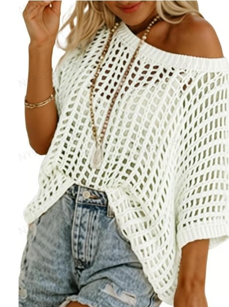 🎁2025 New Hot Sale - Womens Summer Scoop Neck Short Sleeve Sweater Casual Crochet Hollow Out Knit Tops Pullover Shirts Beach Coverup